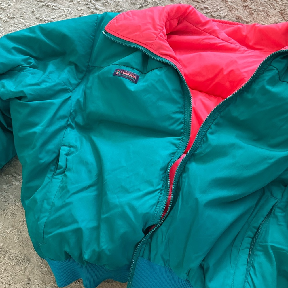 Vintage 90s Columbia Reversible Puffer Jacket Women’s Medium Teal Pink Ski Coat - Picture 1 of 3